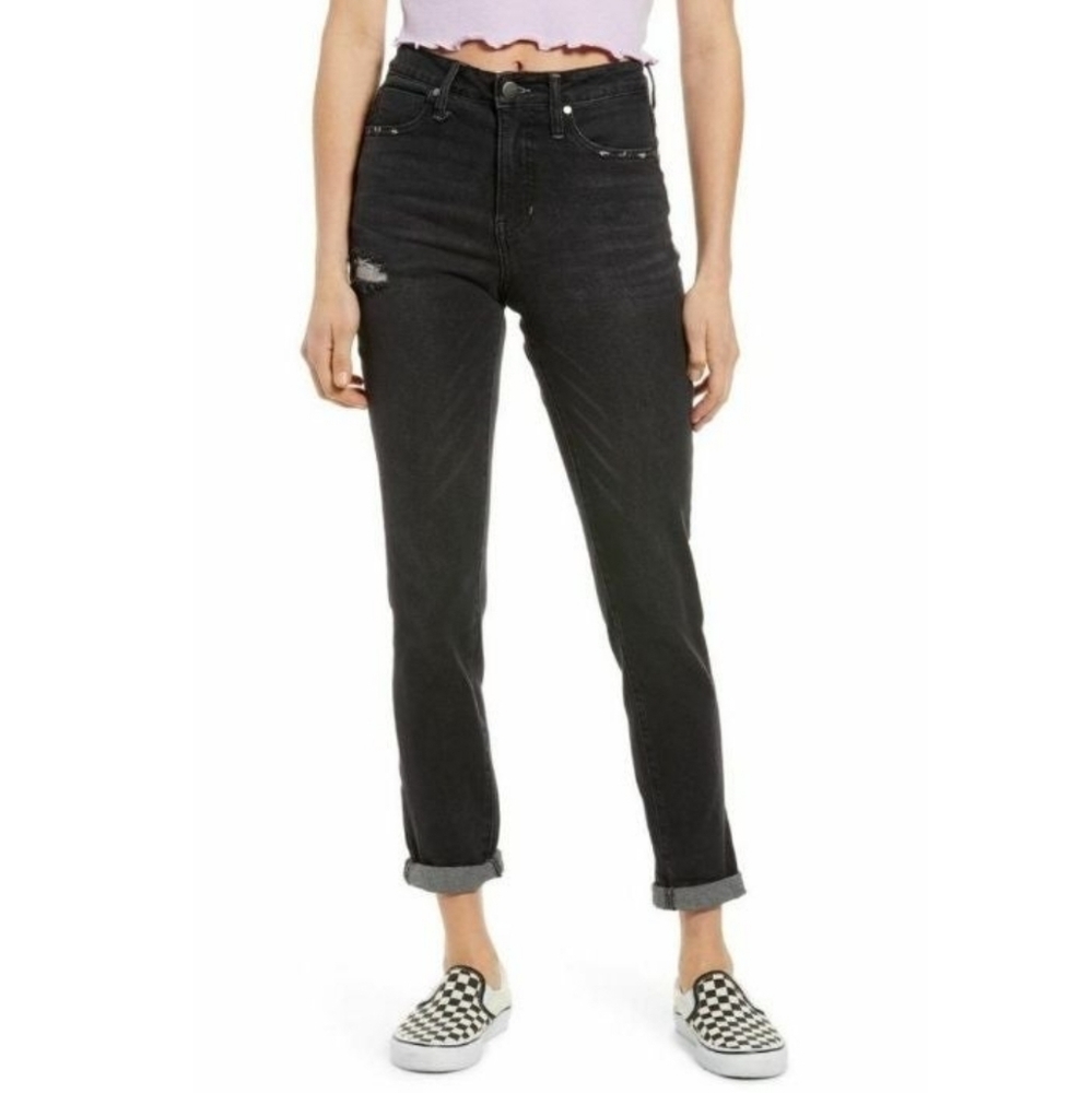 NWT! BP. Nordstrom Black Distressed Tapered Leg High Rise Mom Jeans 30